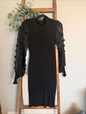 Almost Famous Black Long Sleeve Textured Sheer Sleeve Fine Gauge Sweater Dress